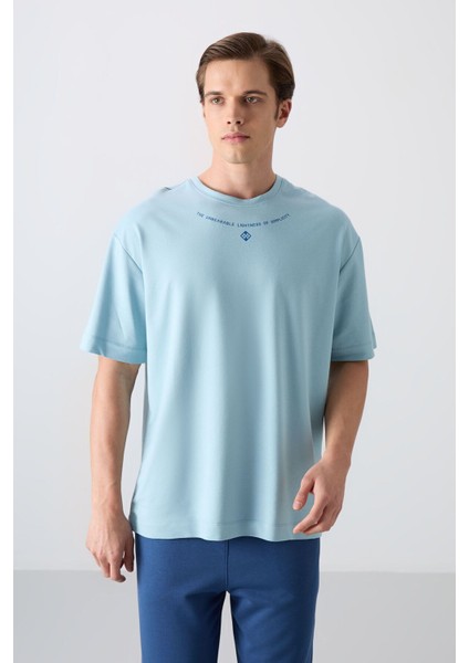 Açık Mavi Pamuklu Kalın Yumuşak Dokulu Oversize Fit Baskılı Erkek T-Shirt - 88343
