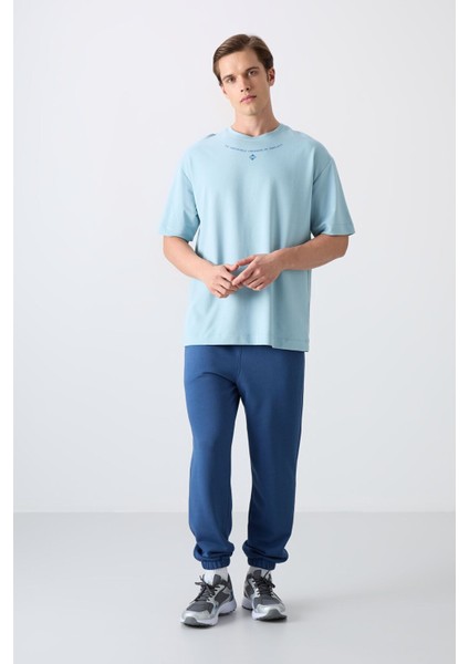 Açık Mavi Pamuklu Kalın Yumuşak Dokulu Oversize Fit Baskılı Erkek T-Shirt - 88343