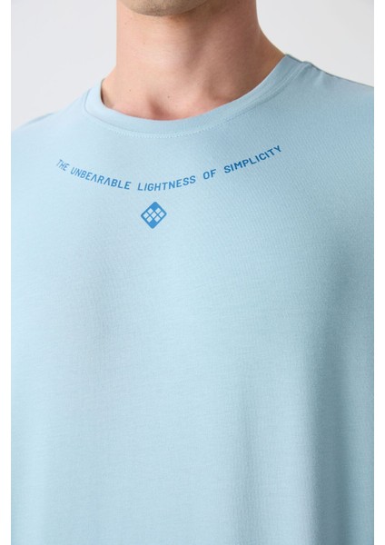 Açık Mavi Pamuklu Kalın Yumuşak Dokulu Oversize Fit Baskılı Erkek T-Shirt - 88343