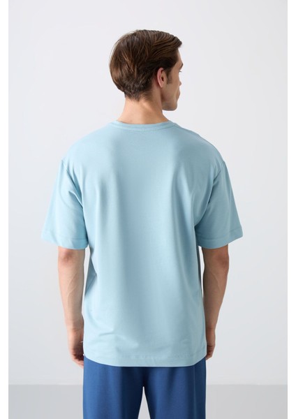 Açık Mavi Pamuklu Kalın Yumuşak Dokulu Oversize Fit Baskılı Erkek T-Shirt - 88343