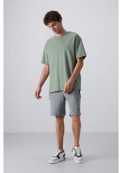 Açık Yeşil Pamuklu Kalın Yüzeyi Dokulu Oversize Fit Basic Erkek T-Shirt - 88339