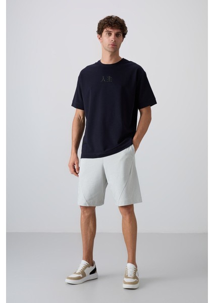 Lacivert Pamuklu Kalın Yumuşak Dokulu Oversize Fit Baskılı Erkek T-Shirt - 88342 fiyatları