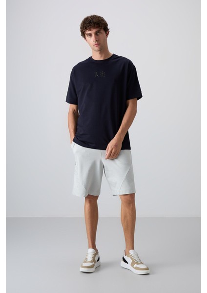 Lacivert Pamuklu Kalın Yumuşak Dokulu Oversize Fit Baskılı Erkek T-Shirt - 88342 indirimleri