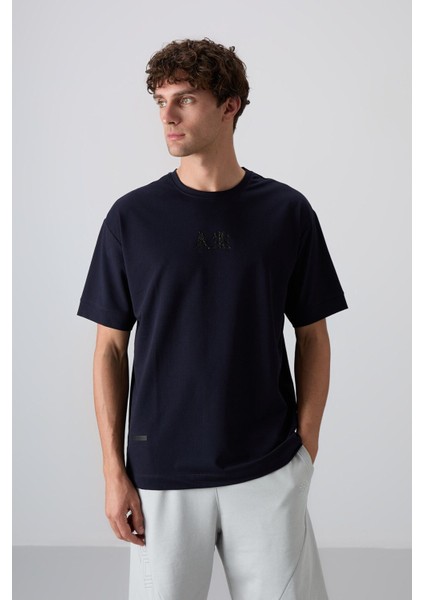 Lacivert Pamuklu Kalın Yumuşak Dokulu Oversize Fit Baskılı Erkek T-Shirt - 88342