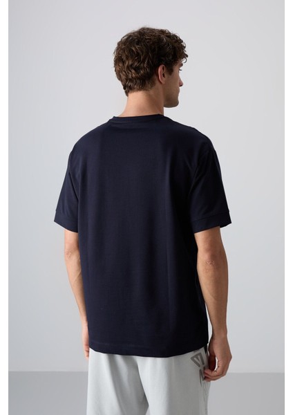 Lacivert Pamuklu Kalın Yumuşak Dokulu Oversize Fit Baskılı Erkek T-Shirt - 88342
