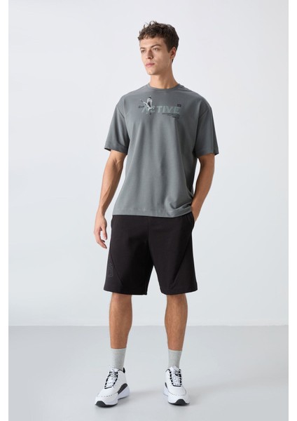 Haki Pamuklu Kalın Yumuşak Dokulu Oversize Fit Baskılı Erkek T-Shirt - 88344