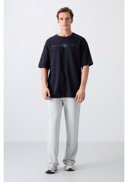 Lacivert Pamuklu Kalın Yumuşak Dokulu Oversize Fit Baskılı Erkek T-Shirt - 88323