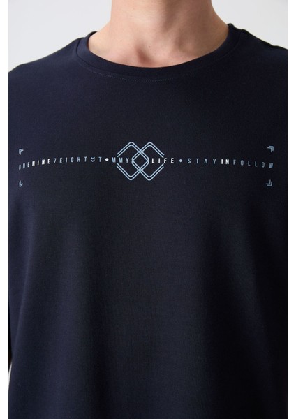 Lacivert Pamuklu Kalın Yumuşak Dokulu Oversize Fit Baskılı Erkek T-Shirt - 88323