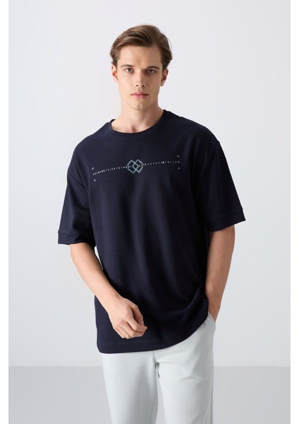 Lacivert Pamuklu Kalın Yumuşak Dokulu Oversize Fit Baskılı Erkek T-Shirt - 88323