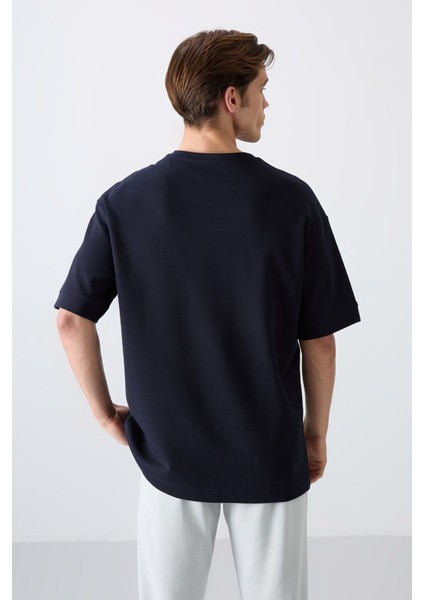 Lacivert Pamuklu Kalın Yumuşak Dokulu Oversize Fit Baskılı Erkek T-Shirt - 88323
