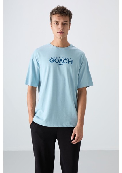 Açık Mavi Pamuklu Kalın Yumuşak Dokulu Oversize Fit Baskılı Erkek T-Shirt - 88329