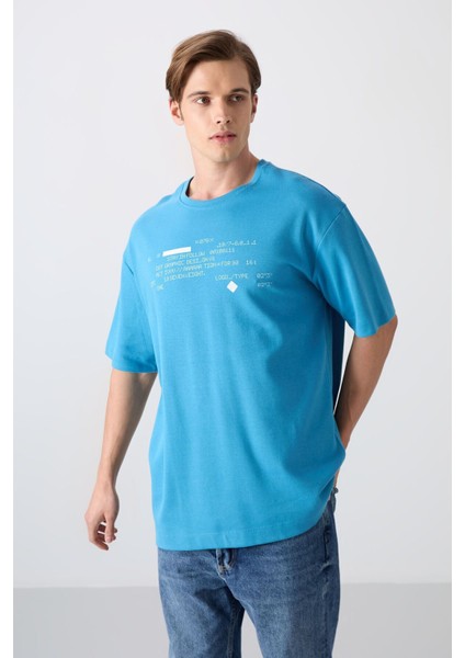 Petrol Mavi Pamuklu Kalın Yumuşak Dokulu Oversize Fit Baskılı Erkek T-Shirt - 88326