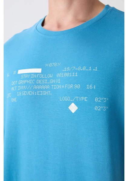 Petrol Mavi Pamuklu Kalın Yumuşak Dokulu Oversize Fit Baskılı Erkek T-Shirt - 88326