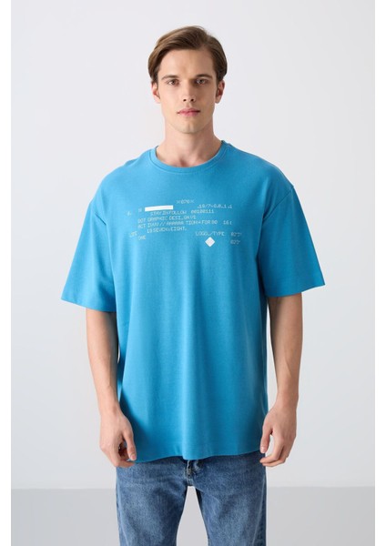 Petrol Mavi Pamuklu Kalın Yumuşak Dokulu Oversize Fit Baskılı Erkek T-Shirt - 88326