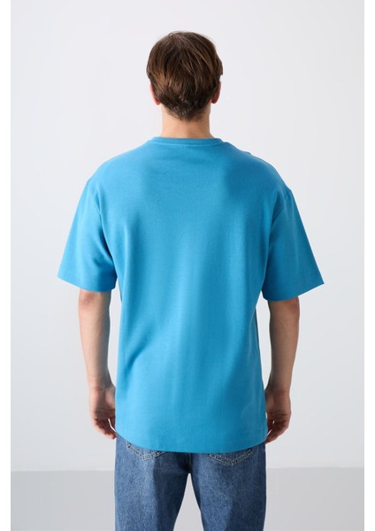 Petrol Mavi Pamuklu Kalın Yumuşak Dokulu Oversize Fit Baskılı Erkek T-Shirt - 88326