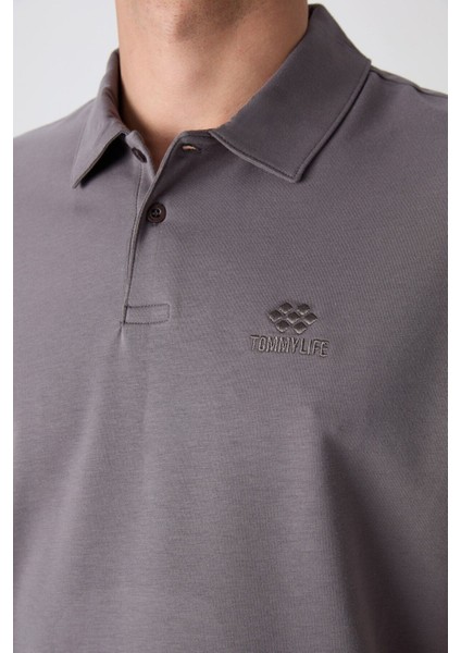 Koyu Gri Pamuklu Kalın Yumuşak Dokulu Standart Fit Basic Polo Yaka Erkek T-Shirt - 88348