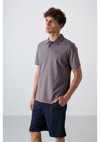 Koyu Gri Pamuklu Kalın Yumuşak Dokulu Standart Fit Basic Polo Yaka Erkek T-Shirt - 88348