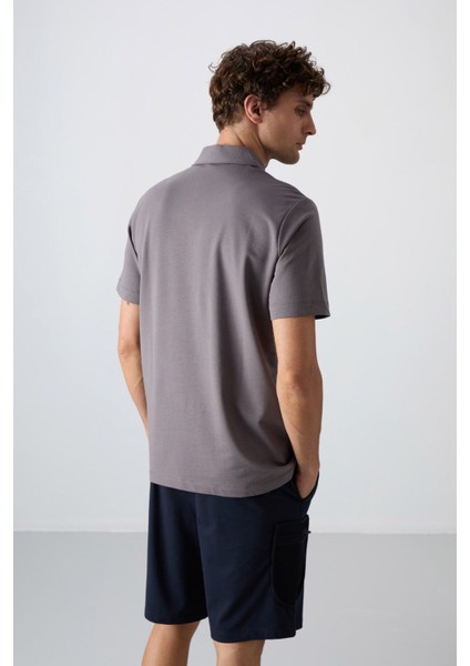 Koyu Gri Pamuklu Kalın Yumuşak Dokulu Standart Fit Basic Polo Yaka Erkek T-Shirt - 88348