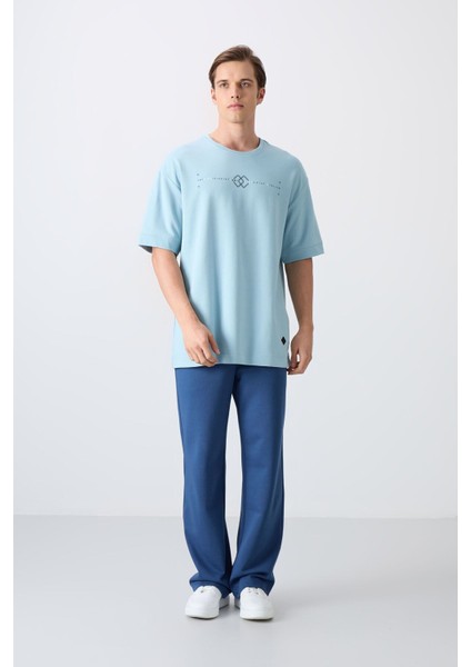 Açık Mavi Pamuklu Kalın Yumuşak Dokulu Oversize Fit Baskılı Erkek T-Shirt - 88323