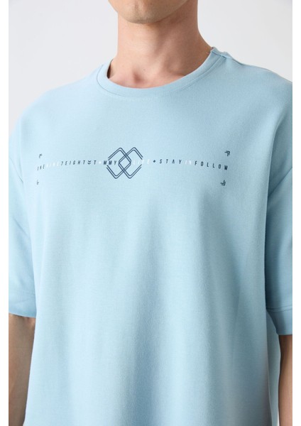 Açık Mavi Pamuklu Kalın Yumuşak Dokulu Oversize Fit Baskılı Erkek T-Shirt - 88323
