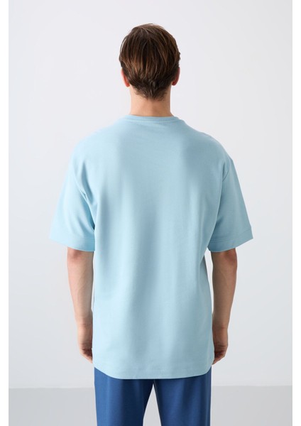 Açık Mavi Pamuklu Kalın Yumuşak Dokulu Oversize Fit Baskılı Erkek T-Shirt - 88323