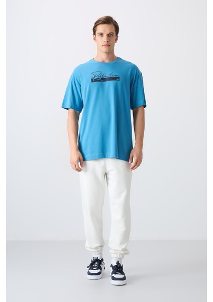 Petrol Mavi Pamuklu Kalın Yumuşak Dokulu Oversize Fit Baskılı Erkek T-Shirt - 88334