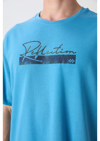 Petrol Mavi Pamuklu Kalın Yumuşak Dokulu Oversize Fit Baskılı Erkek T-Shirt - 88334