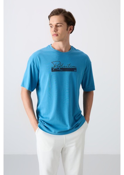 Petrol Mavi Pamuklu Kalın Yumuşak Dokulu Oversize Fit Baskılı Erkek T-Shirt - 88334