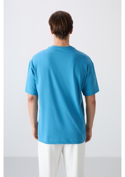 Petrol Mavi Pamuklu Kalın Yumuşak Dokulu Oversize Fit Baskılı Erkek T-Shirt - 88334