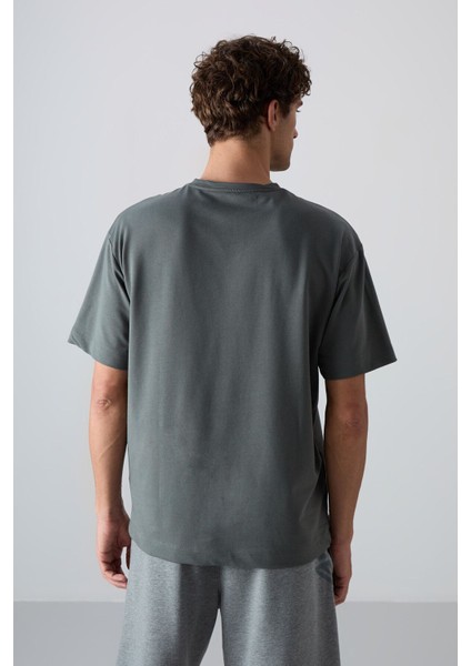 Haki Pamuklu Kalın Yumuşak Dokulu Oversize Fit Baskılı Erkek T-Shirt - 88345