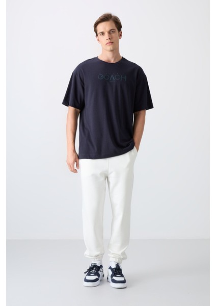 Lacivert Pamuklu Kalın Yumuşak Dokulu Oversize Fit Baskılı Erkek T-Shirt - 88329