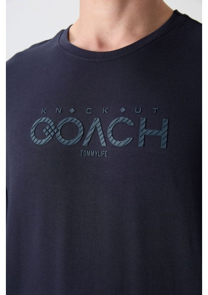 Lacivert Pamuklu Kalın Yumuşak Dokulu Oversize Fit Baskılı Erkek T-Shirt - 88329