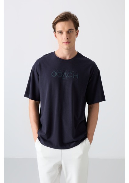 Lacivert Pamuklu Kalın Yumuşak Dokulu Oversize Fit Baskılı Erkek T-Shirt - 88329