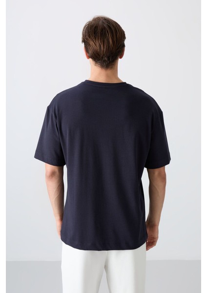 Lacivert Pamuklu Kalın Yumuşak Dokulu Oversize Fit Baskılı Erkek T-Shirt - 88329