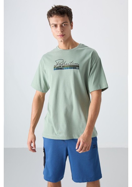 Açık Yeşil Pamuklu Kalın Yumuşak Dokulu Oversize Fit Baskılı Erkek T-Shirt - 88334
