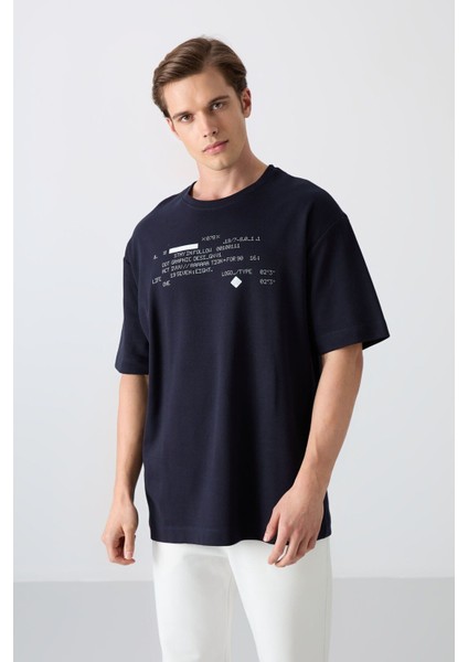 Lacivert Pamuklu Kalın Yumuşak Dokulu Oversize Fit Baskılı Erkek T-Shirt - 88326