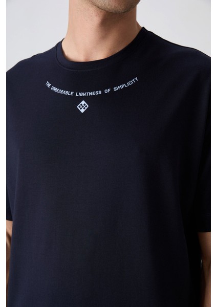 Lacivert Pamuklu Kalın Yumuşak Dokulu Oversize Fit Baskılı Erkek T-Shirt - 88343