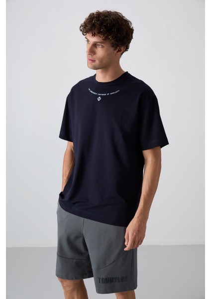 Lacivert Pamuklu Kalın Yumuşak Dokulu Oversize Fit Baskılı Erkek T-Shirt - 88343