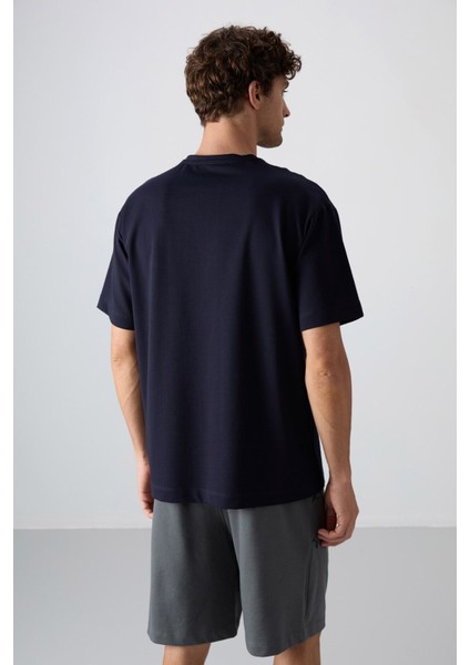 Lacivert Pamuklu Kalın Yumuşak Dokulu Oversize Fit Baskılı Erkek T-Shirt - 88343