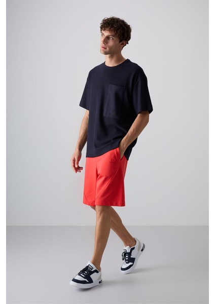 Lacivert Pamuklu Kalın Yüzeyi Dokulu Oversize Fit Basic Erkek T-Shirt - 88341
