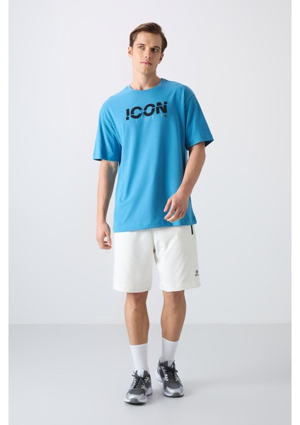 Petrol Mavi Pamuklu Kalın Yumuşak Dokulu Oversize Fit Baskılı Erkek T-Shirt - 88331 fiyatları