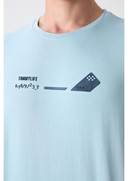 Açık Mavi Pamuklu Kalın Yumuşak Dokulu Oversize Fit Baskılı Erkek T-Shirt - 88330 modelleri