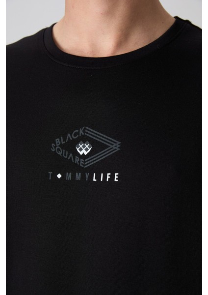 Siyah Pamuklu Kalın Yumuşak Dokulu Oversize Fit Baskılı Erkek T-Shirt - 88325