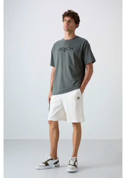 Haki Pamuklu Kalın Yumuşak Dokulu Oversize Fit Baskılı Erkek T-Shirt - 88329