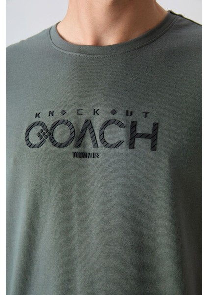 Haki Pamuklu Kalın Yumuşak Dokulu Oversize Fit Baskılı Erkek T-Shirt - 88329
