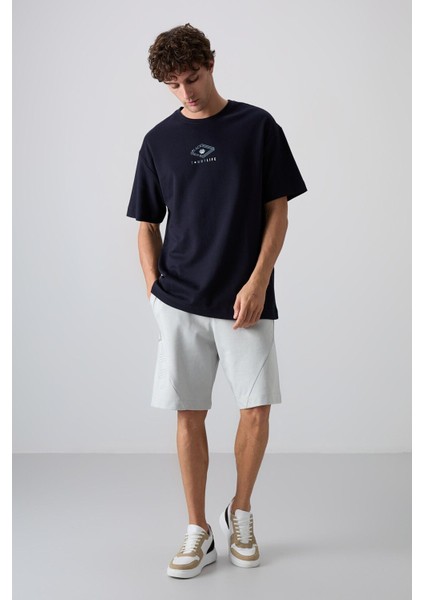Lacivert Pamuklu Kalın Yumuşak Dokulu Oversize Fit Baskılı Erkek T-Shirt - 88325