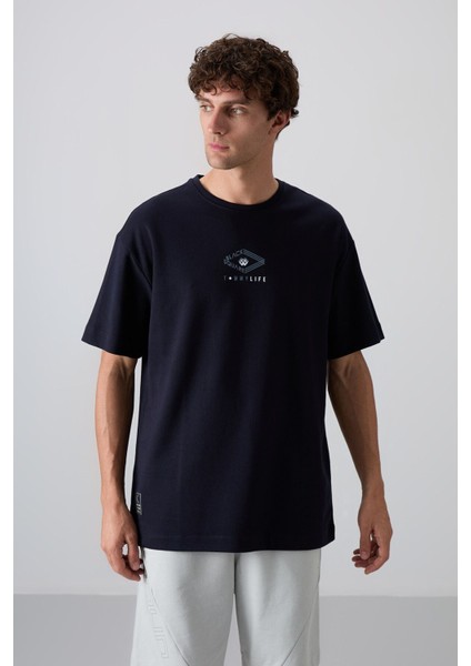 Lacivert Pamuklu Kalın Yumuşak Dokulu Oversize Fit Baskılı Erkek T-Shirt - 88325