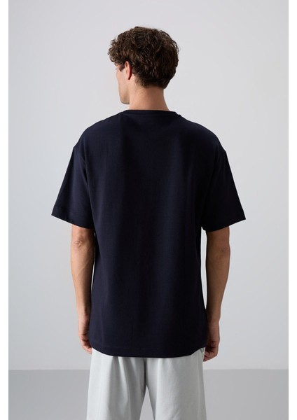 Lacivert Pamuklu Kalın Yumuşak Dokulu Oversize Fit Baskılı Erkek T-Shirt - 88325