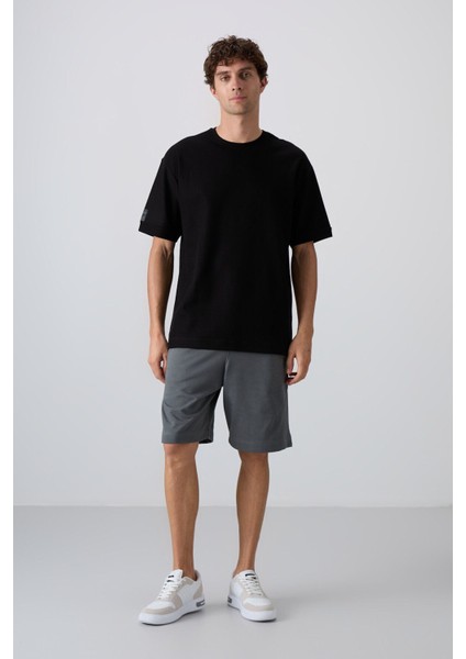 Siyah Pamuklu Kalın Yüzeyi Dokulu Oversize Fit Basic Erkek T-Shirt - 88339