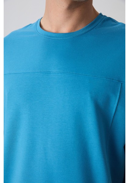 Petrol Mavi Pamuklu Kalın Yumuşak Dokulu Oversize Fit Basic Erkek T-Shirt - 88349